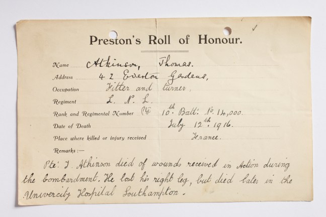 Preston's Roll of Honour forms, collected during and after the First World War for a temporary memorial on the ground floor of the Harris Library, Museum & Art Gallery and then for the final Roll of Honour on the Harris staircase, completed in 1927.